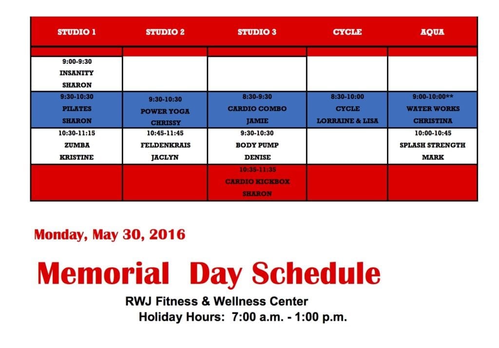 Hamilton Memorial Day 2016 Group Fitness Schedule